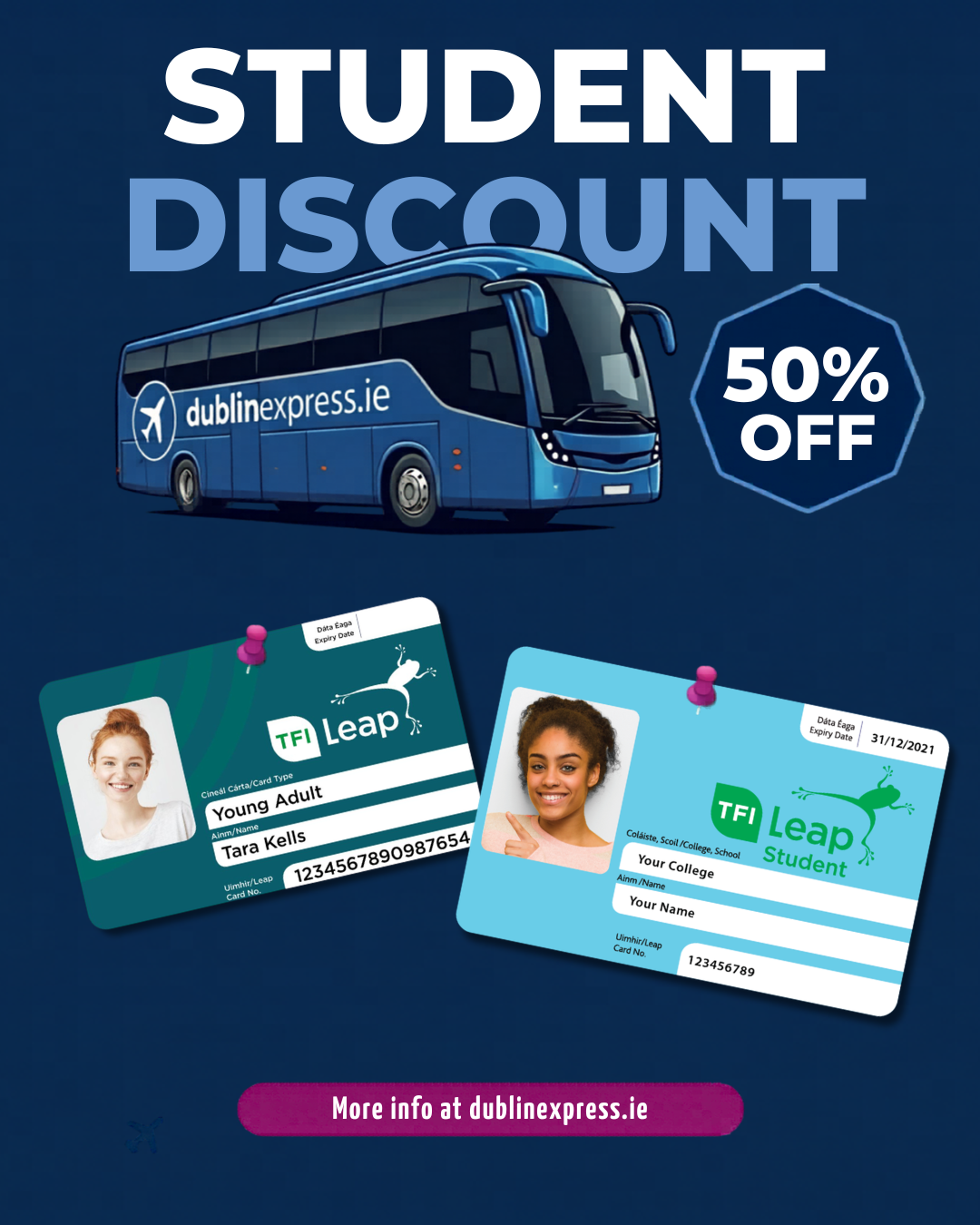 Student discount bus and student cards on a blue background